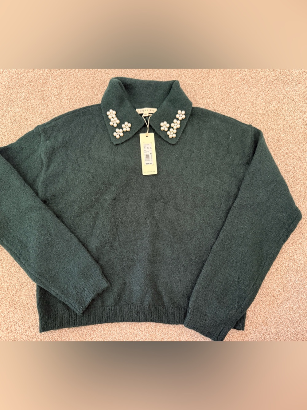 BNWT Forest Green Embellished-Collar Sweater - girls 14